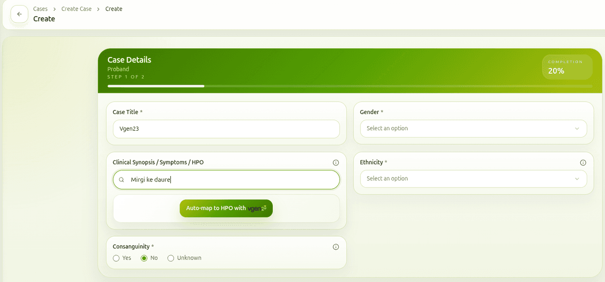 Case details showing symptom mapping