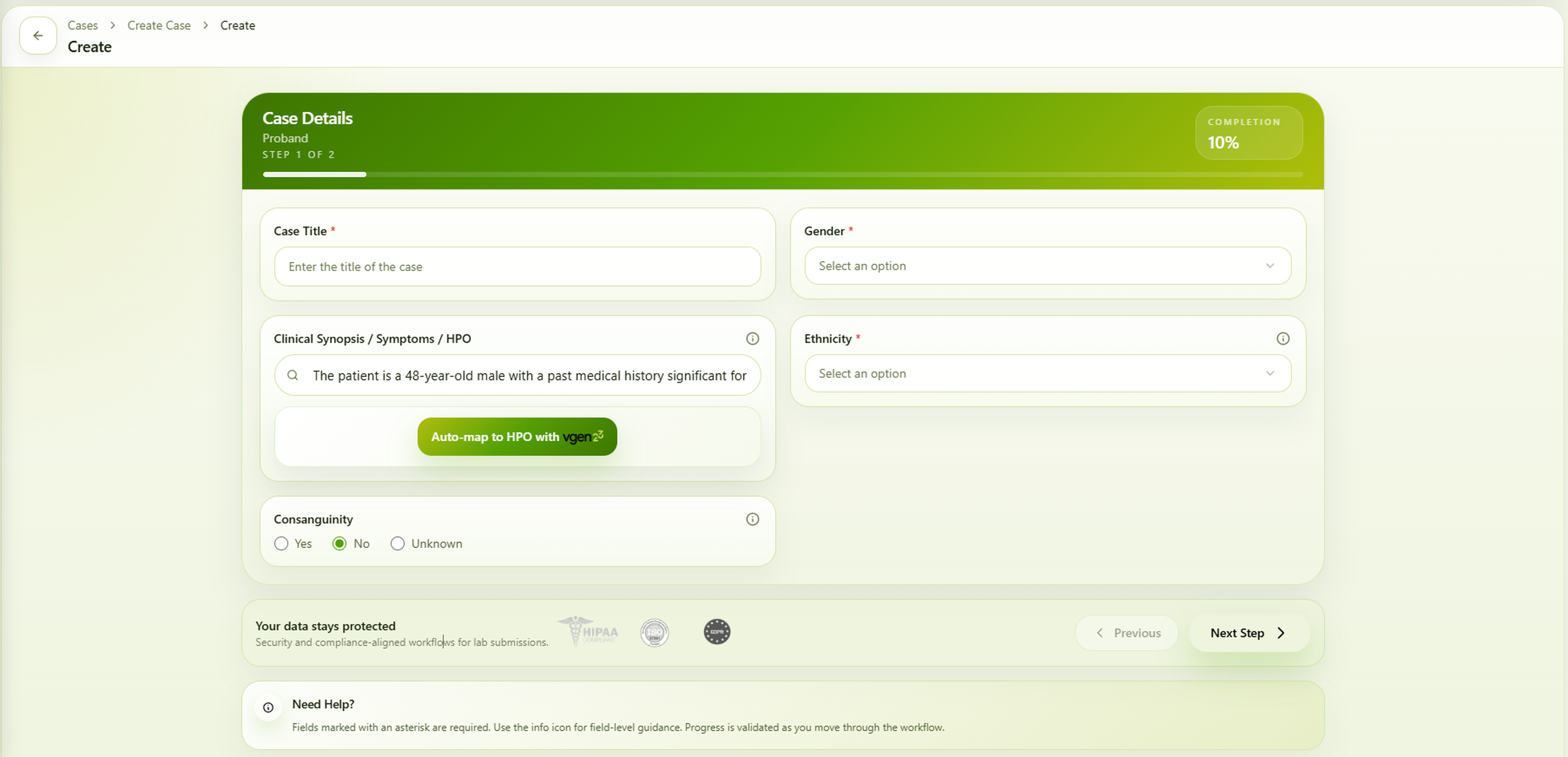 Figure 1: Clinical text input interface showing HPO mapping in the Vgen23 platform